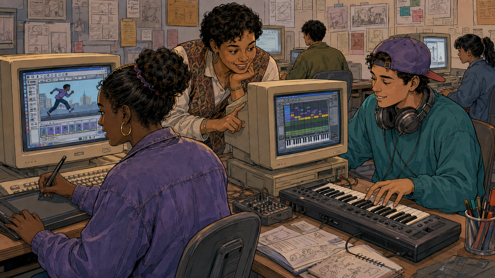 A mentor helps a teen animator while another teen works on music composition, each pursuing their own project