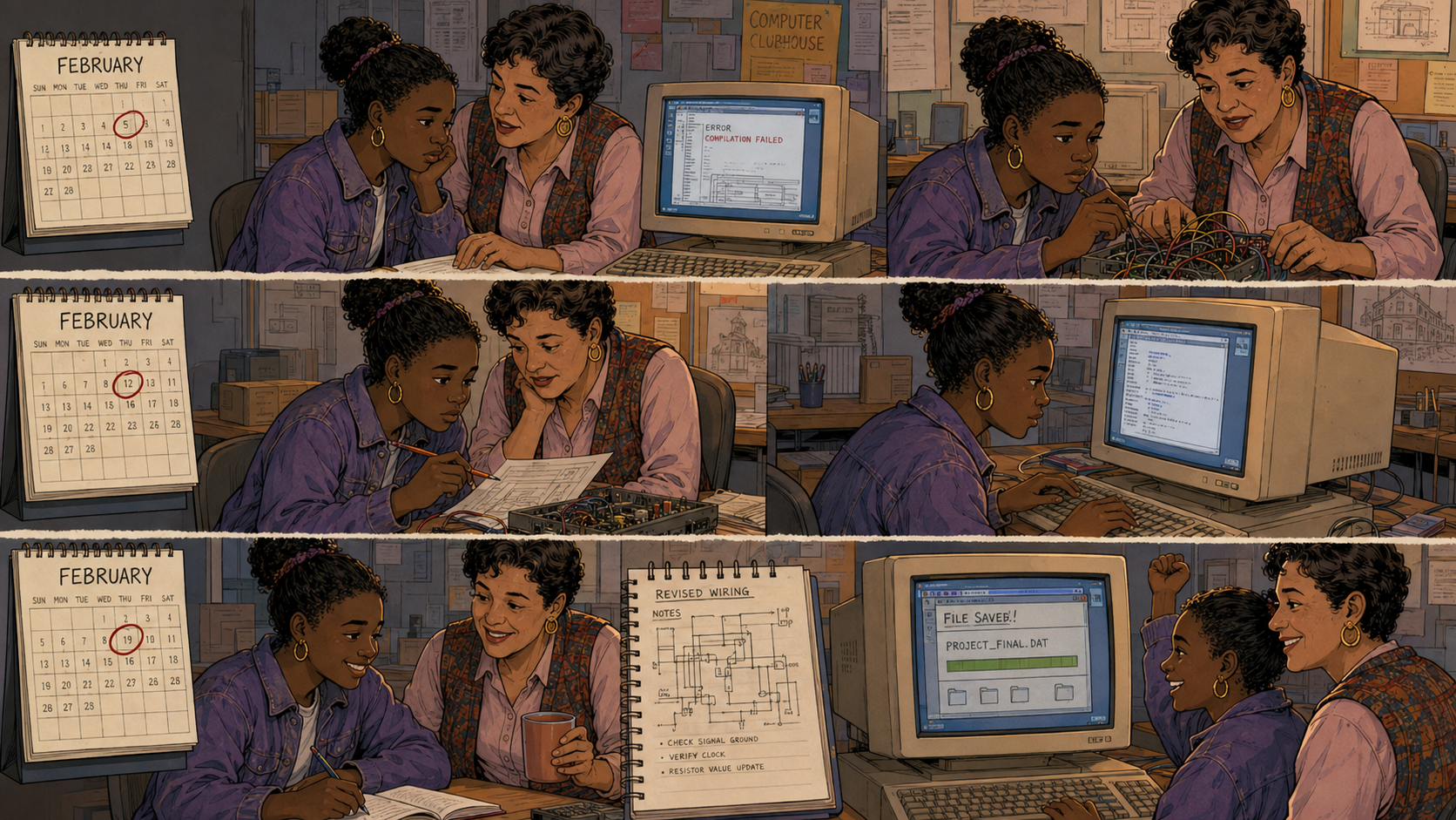 A six-panel comic strip shows a girl and her mentor working through a broken circuit across three weeks in February until it finally works