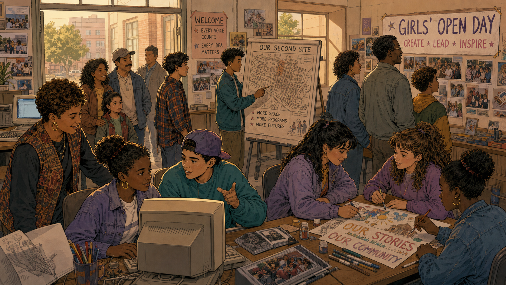 Teens present a map of a second Clubhouse site while others make posters for a Girls' Open Day, with families visiting