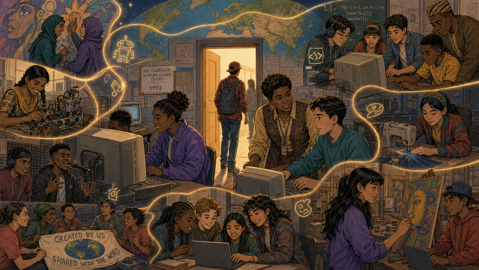 A golden thread connects Clubhouse scenes on several continents — robotics, sewing, music, coding, and painting — all growing from the original 1993 doorway