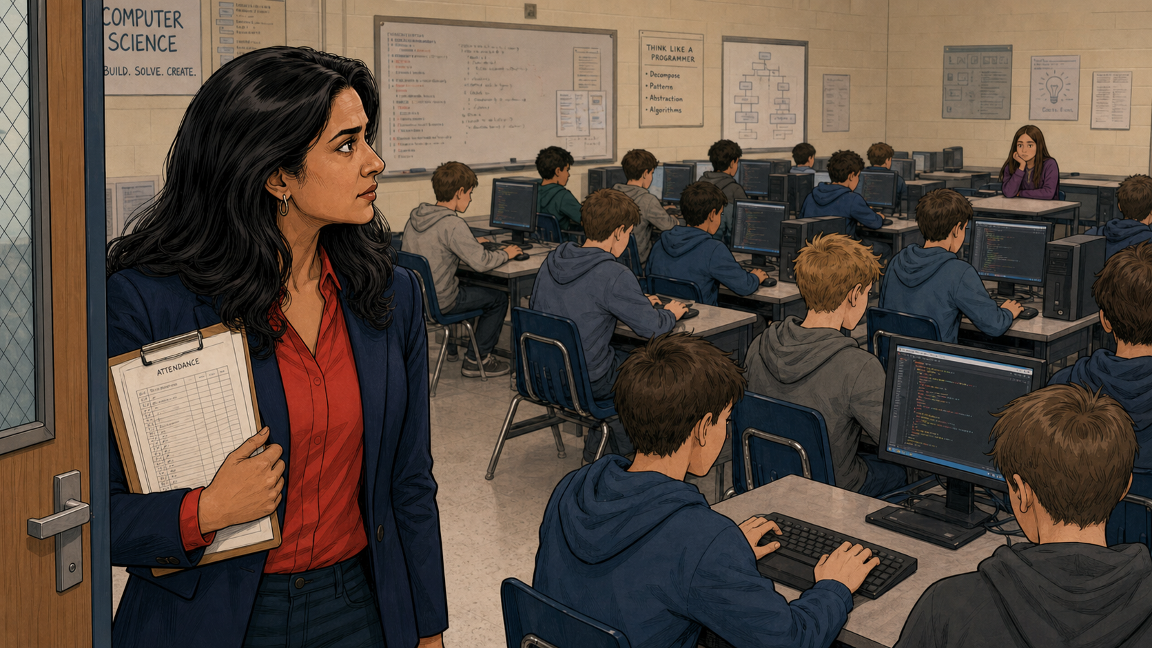 Reshma stands in a classroom doorway holding an attendance clipboard, looking at rows of boys at computers with only one girl visible