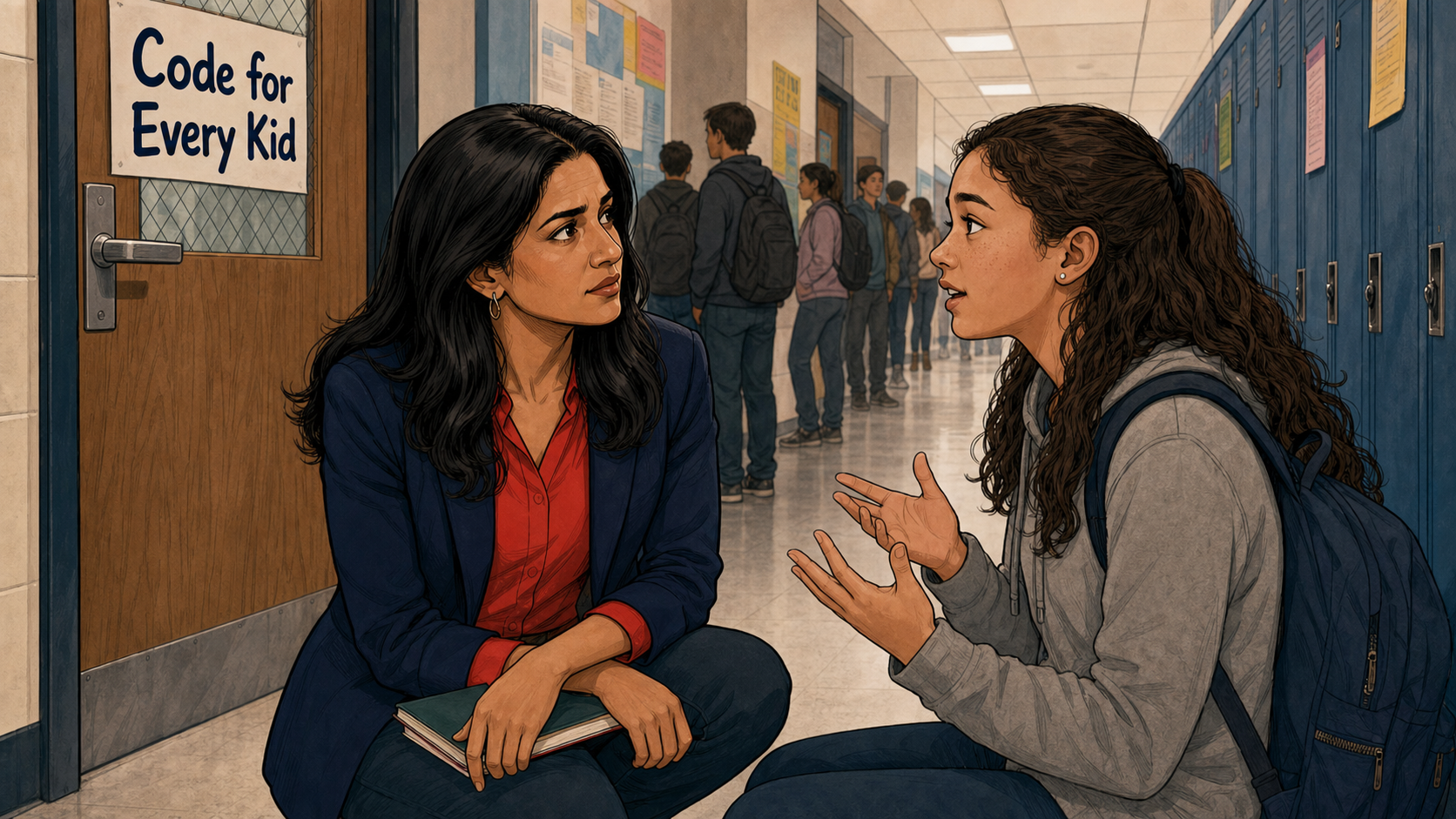 Reshma crouches in a school hallway talking with a teenage girl outside a classroom door