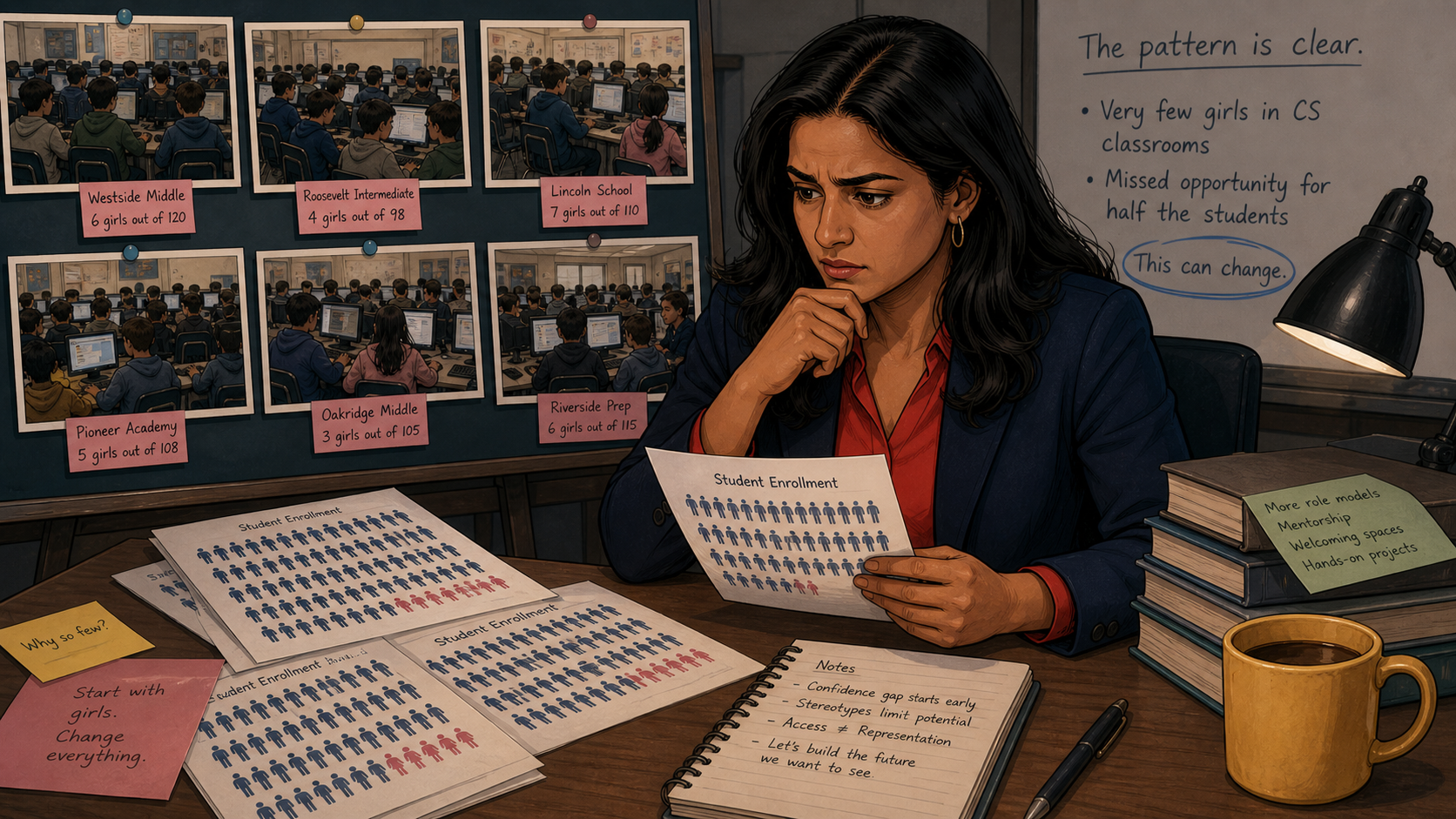 Reshma studies printouts and photos from six different school computer science classrooms spread across her desk, showing how few girls are enrolled