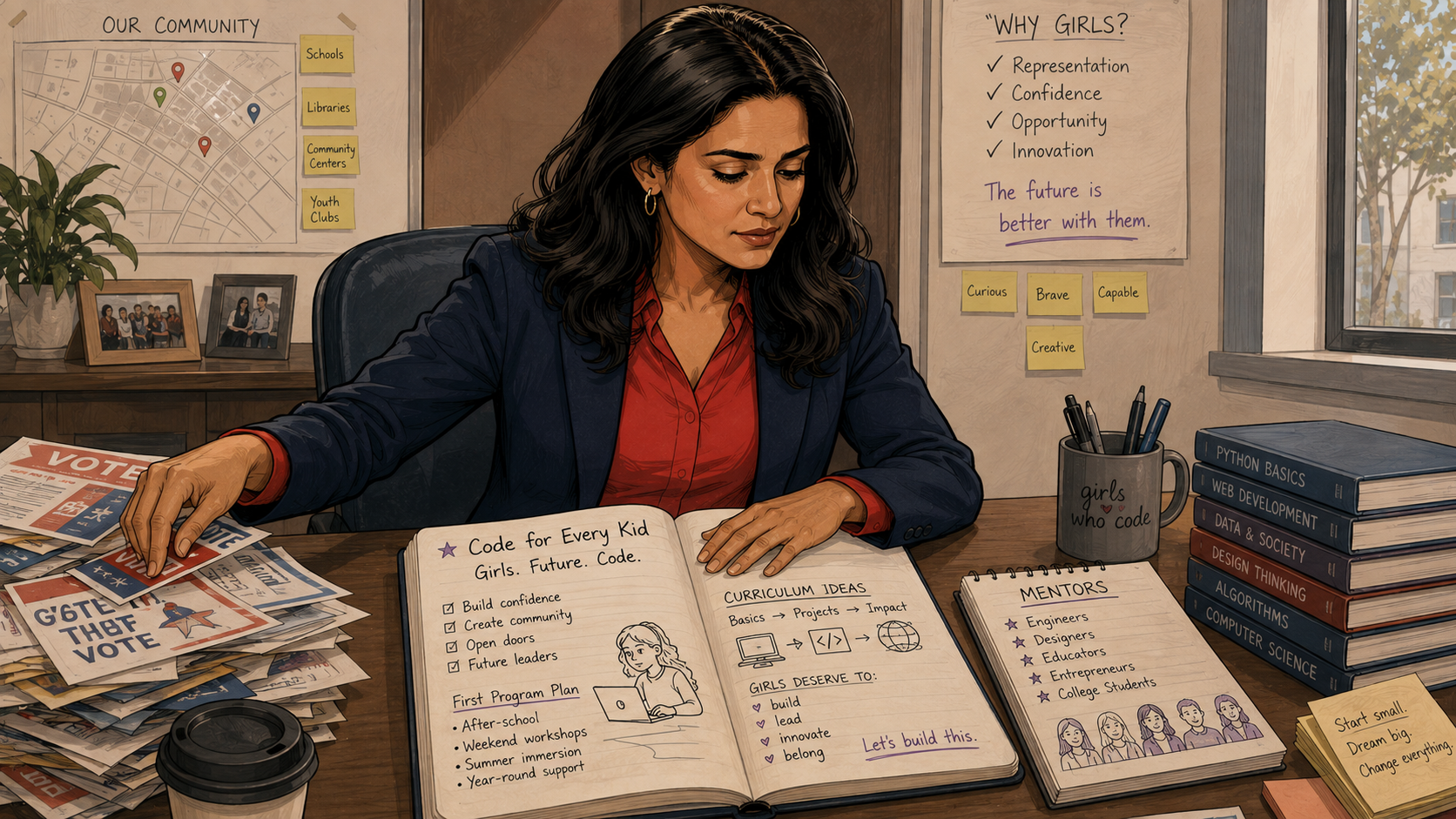 Reshma sets aside campaign flyers and opens a notebook titled Code for Every Kid, sketching her first program plan