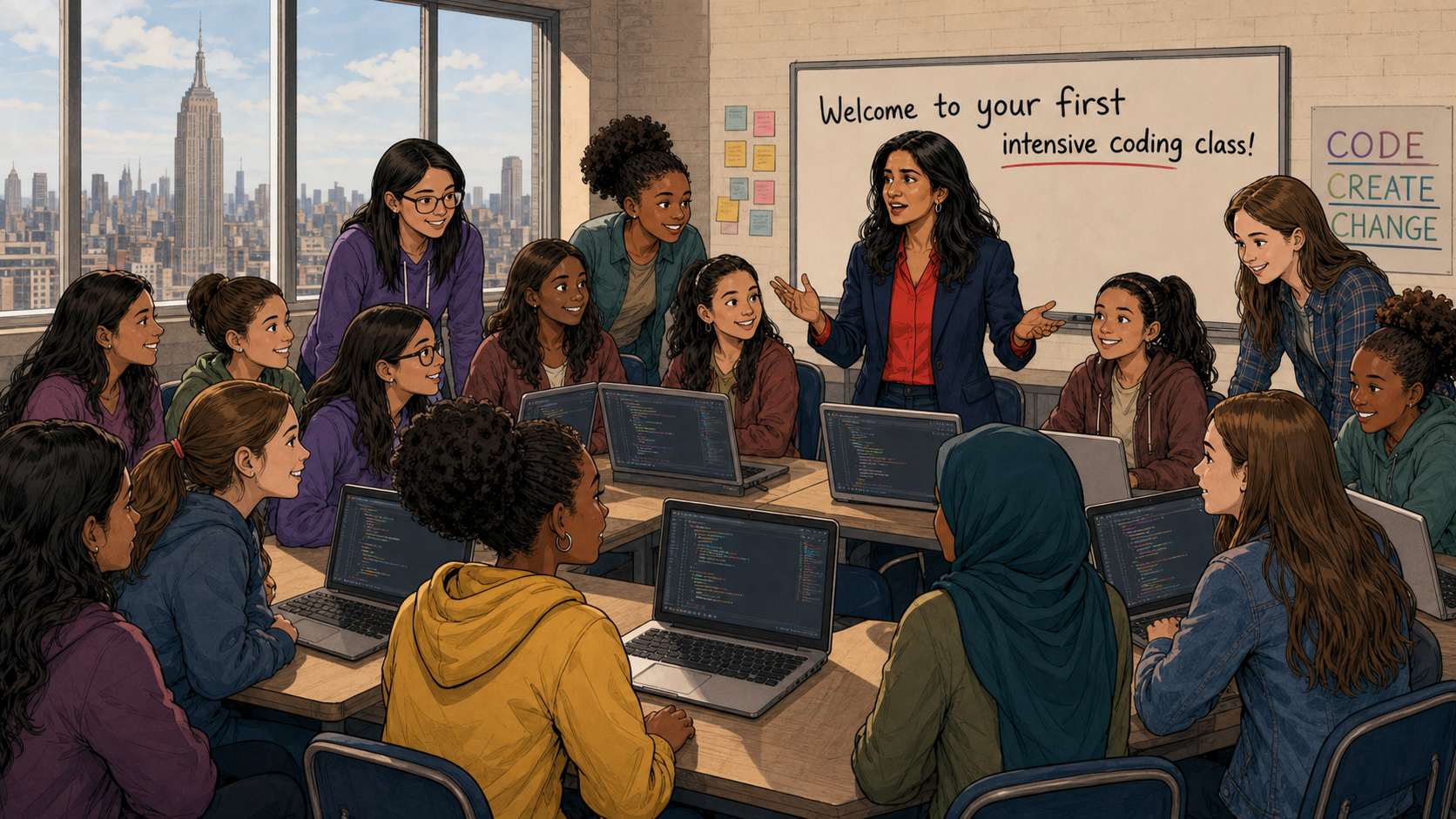 Reshma welcomes a diverse group of teenage girls to their first intensive coding class in a New York City classroom with the skyline visible