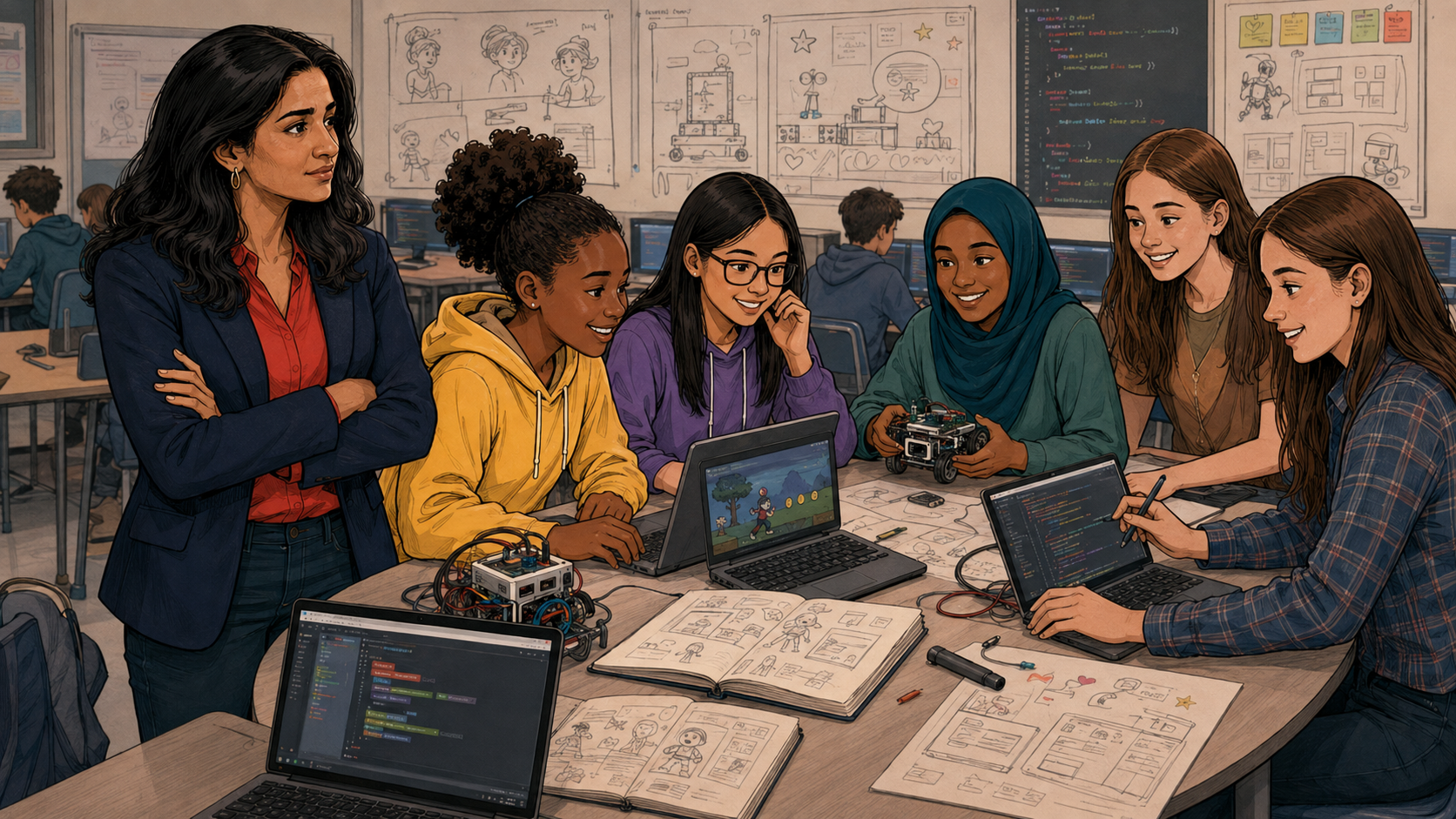 Girls work on robotics kits, a video game, and code together while Reshma watches with her arms crossed, proud