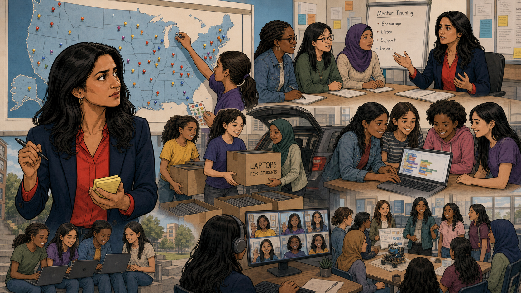 A montage shows a US map covered in location pins, mentor training, volunteers loading boxes of laptops, and girls in a video call across many club chapters