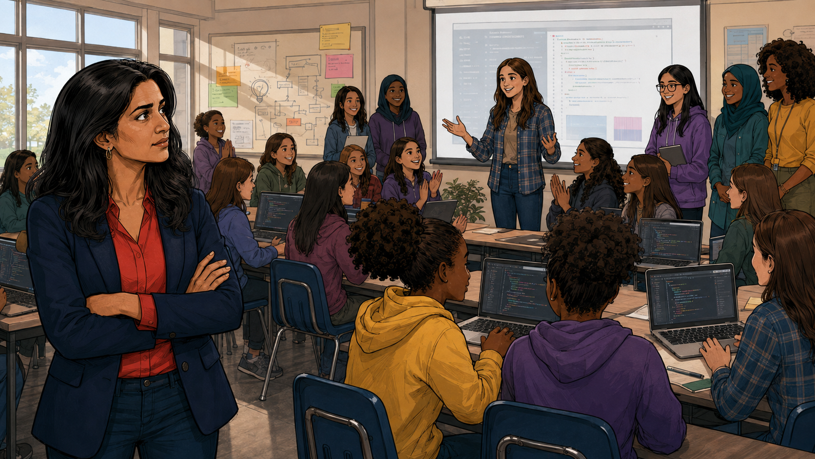 A former student now confidently teaches a full room of girls at the front of the classroom while Reshma watches proudly from the side