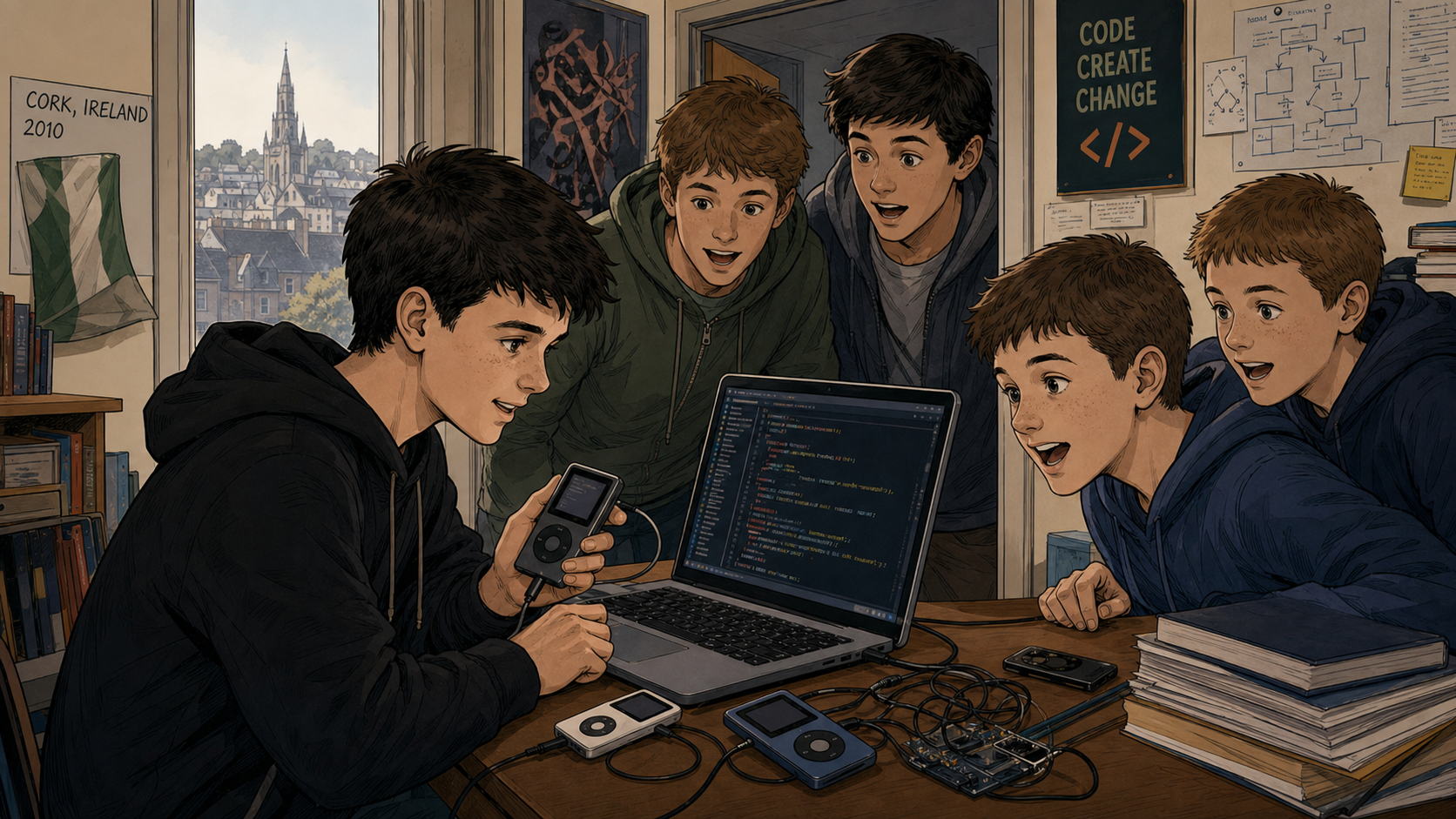 James shows friends the iPod Nano hack that made him locally famous