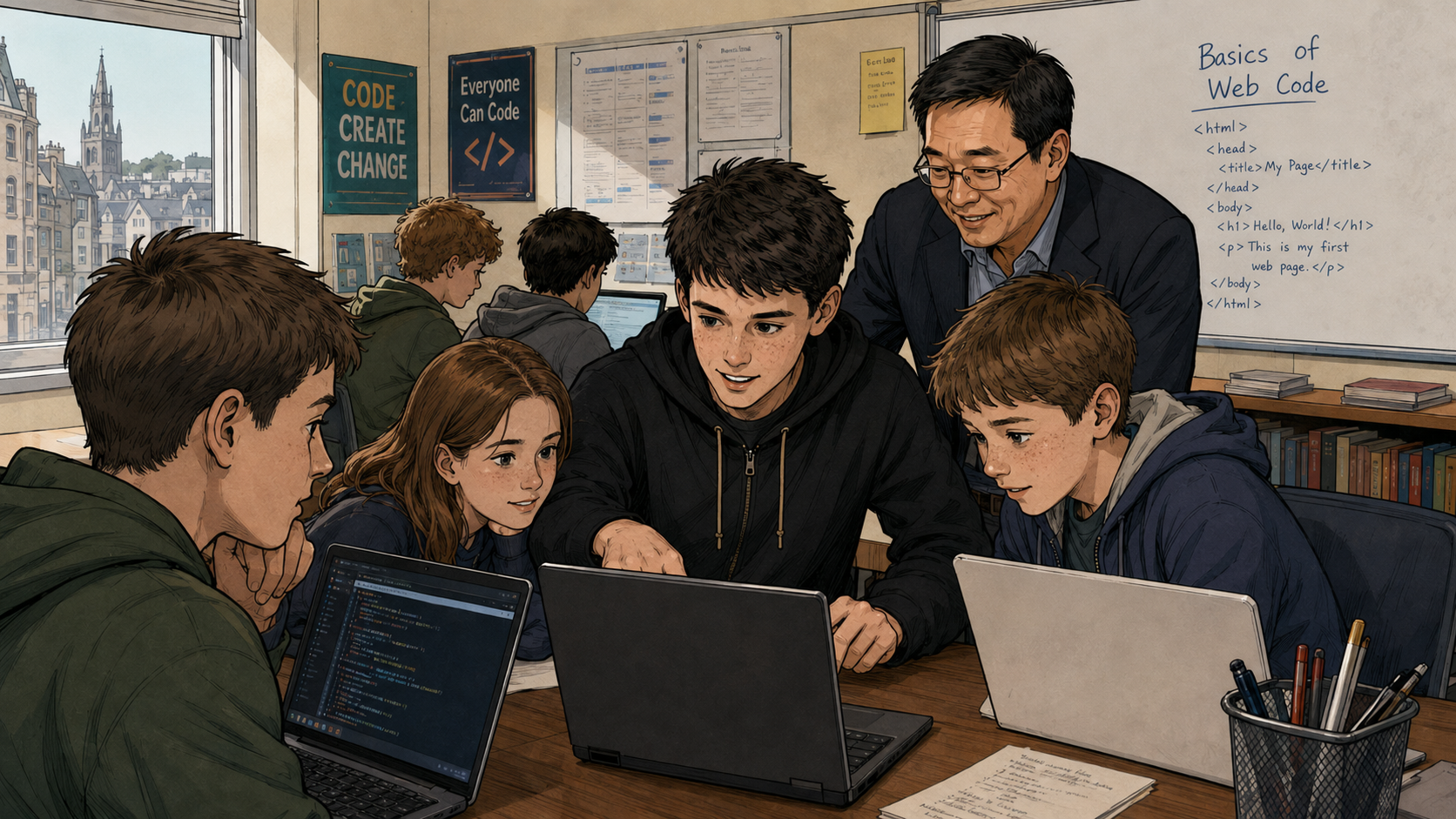 James teaches HTML and CSS to a small group as a mentor observes