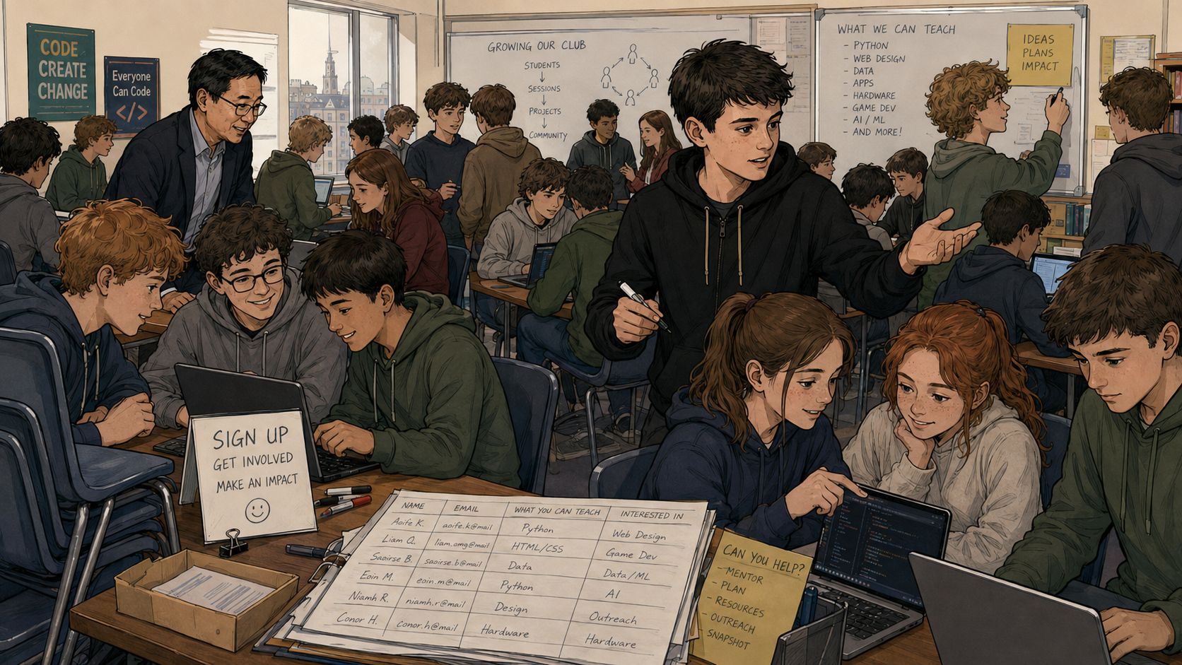 A crowded classroom of students signs up to teach and learn at the growing club