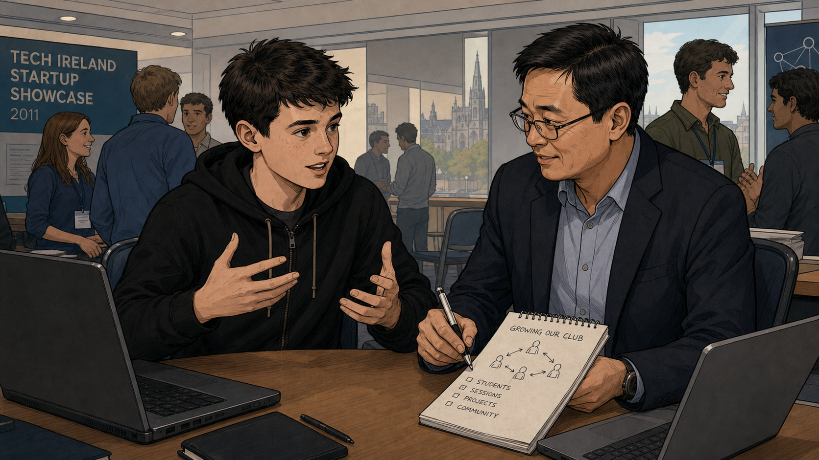 James and Bill Liao talk and sketch plans at a Cork tech event