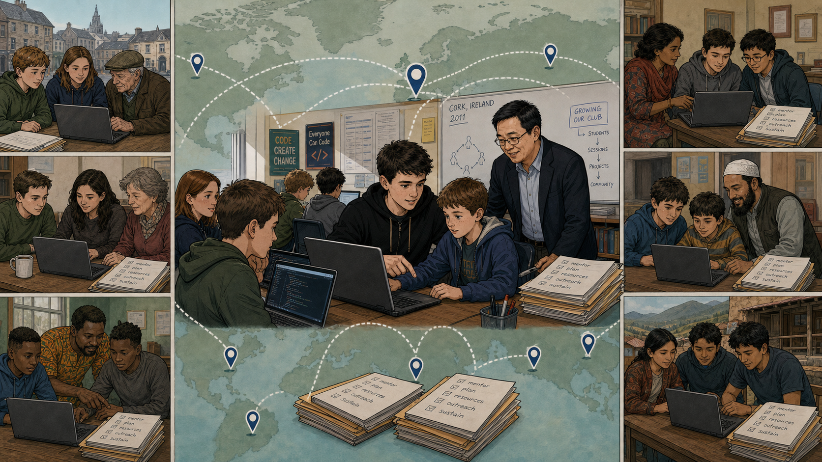 A world map shows CoderDojo sessions springing up on every continent