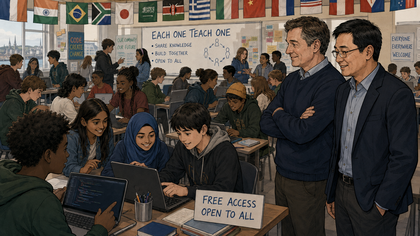 Flags from many nations hang above a diverse group of students coding together