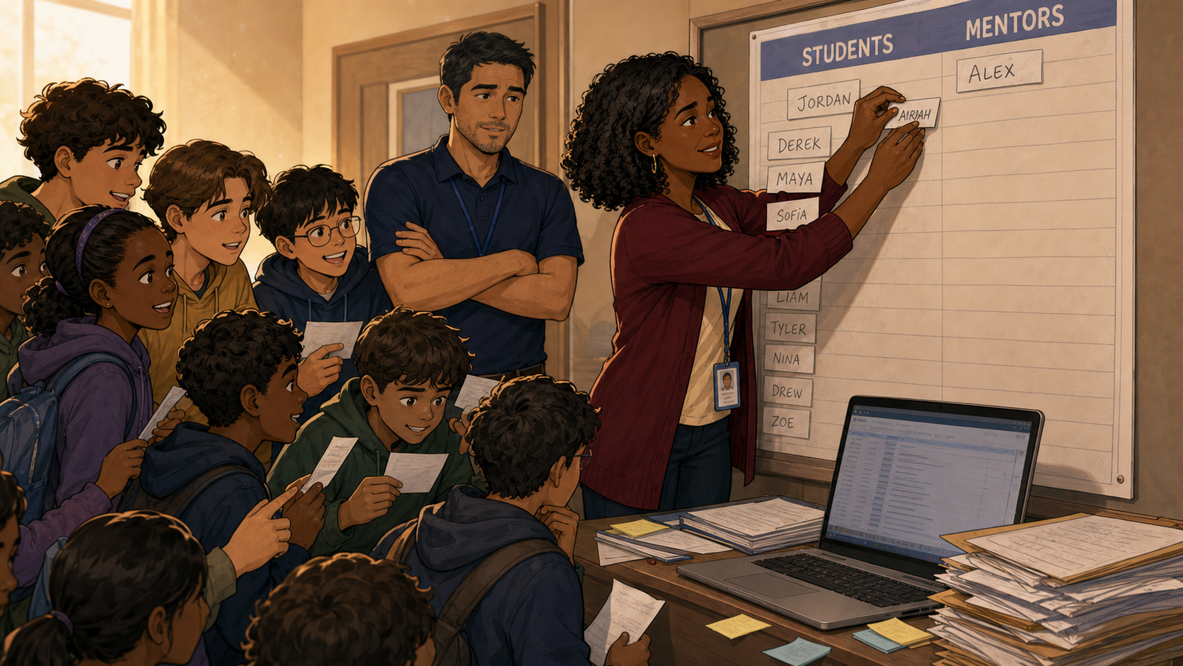 Renee updates the Students and Mentors sign-up board while a crowd of new students hands her registration slips