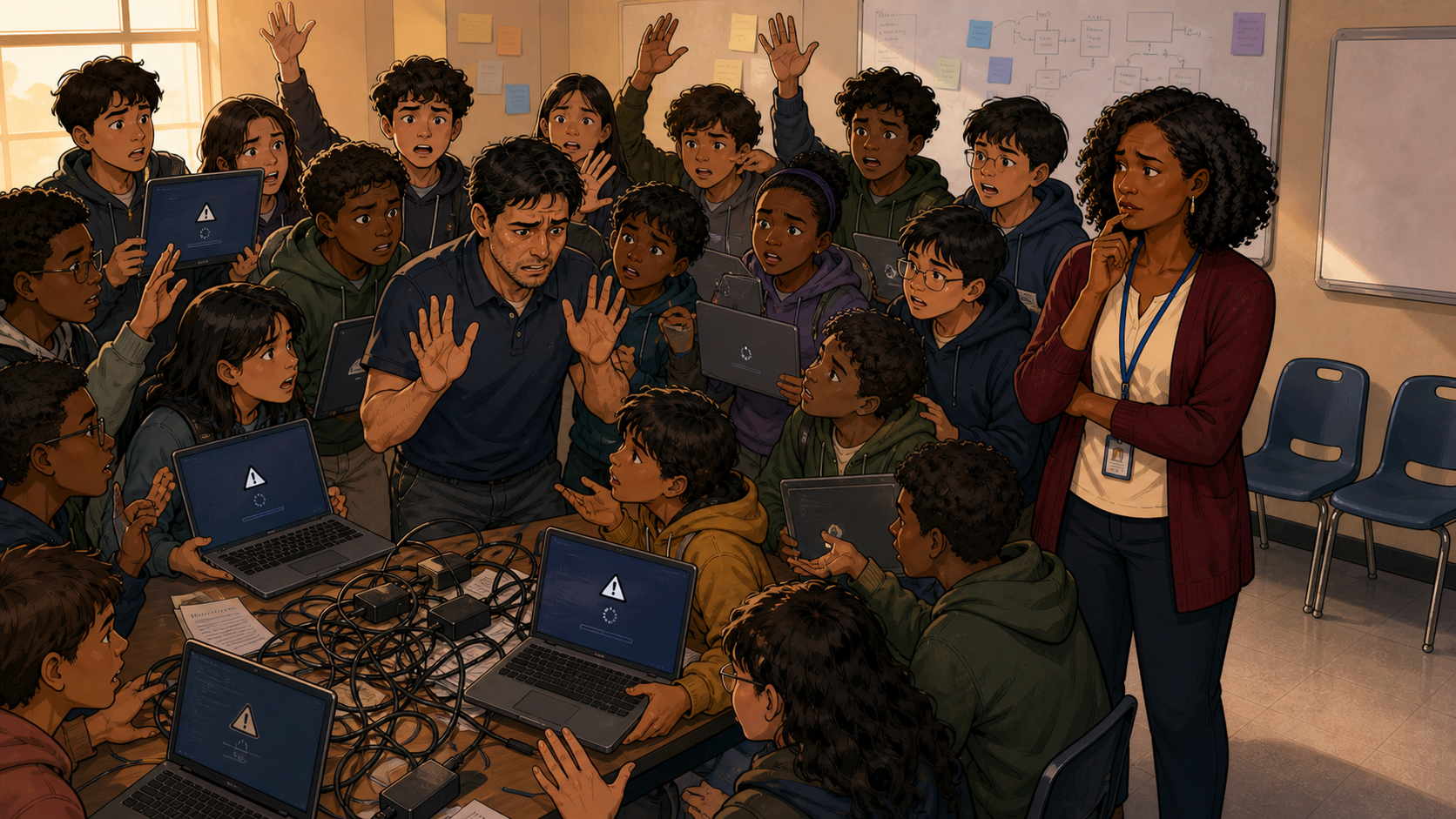 A crowded classroom of students holding up laptops showing error screens while a single overwhelmed mentor tries to respond to everyone at once