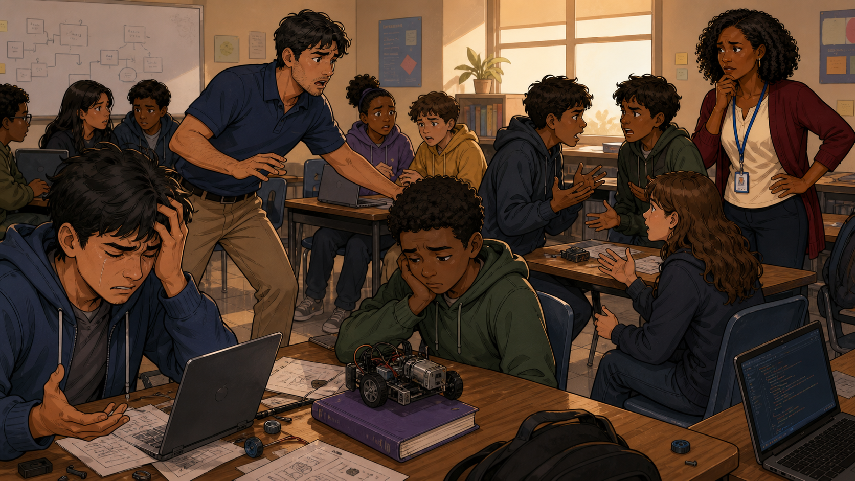 A student crying with frustration at his desk while Alex leans across the room trying to help a different group, and Renee watches with concern