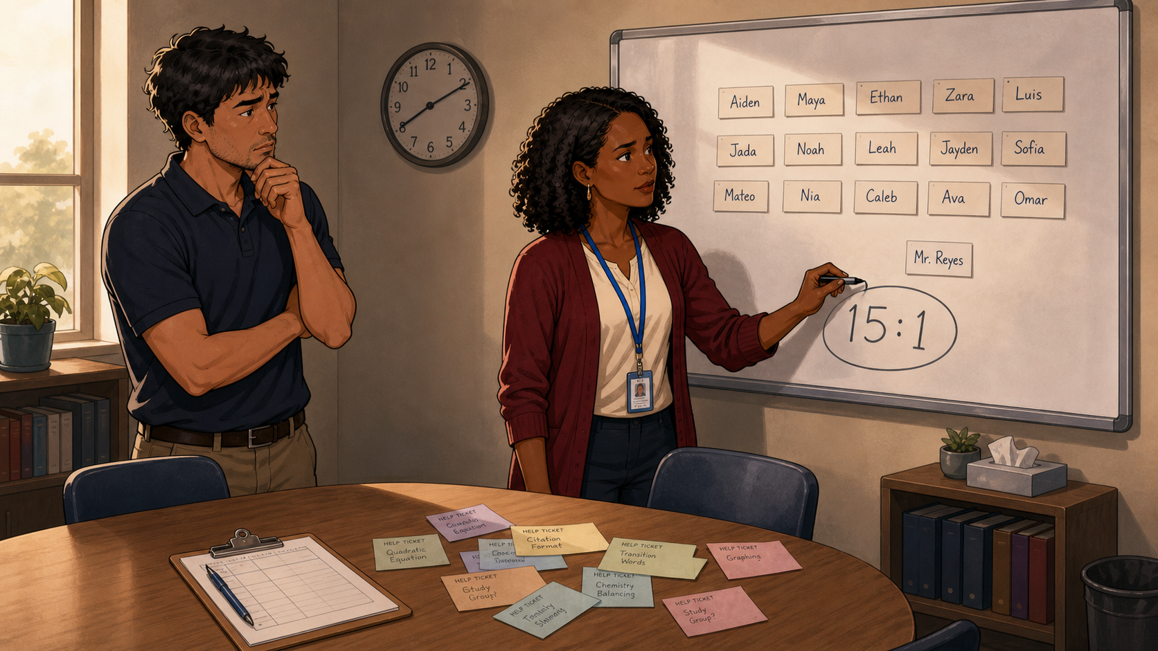 Renee and Alex in a quiet room, standing at a whiteboard covered in fifteen student name cards facing a single mentor card, with "15:1" circled prominently