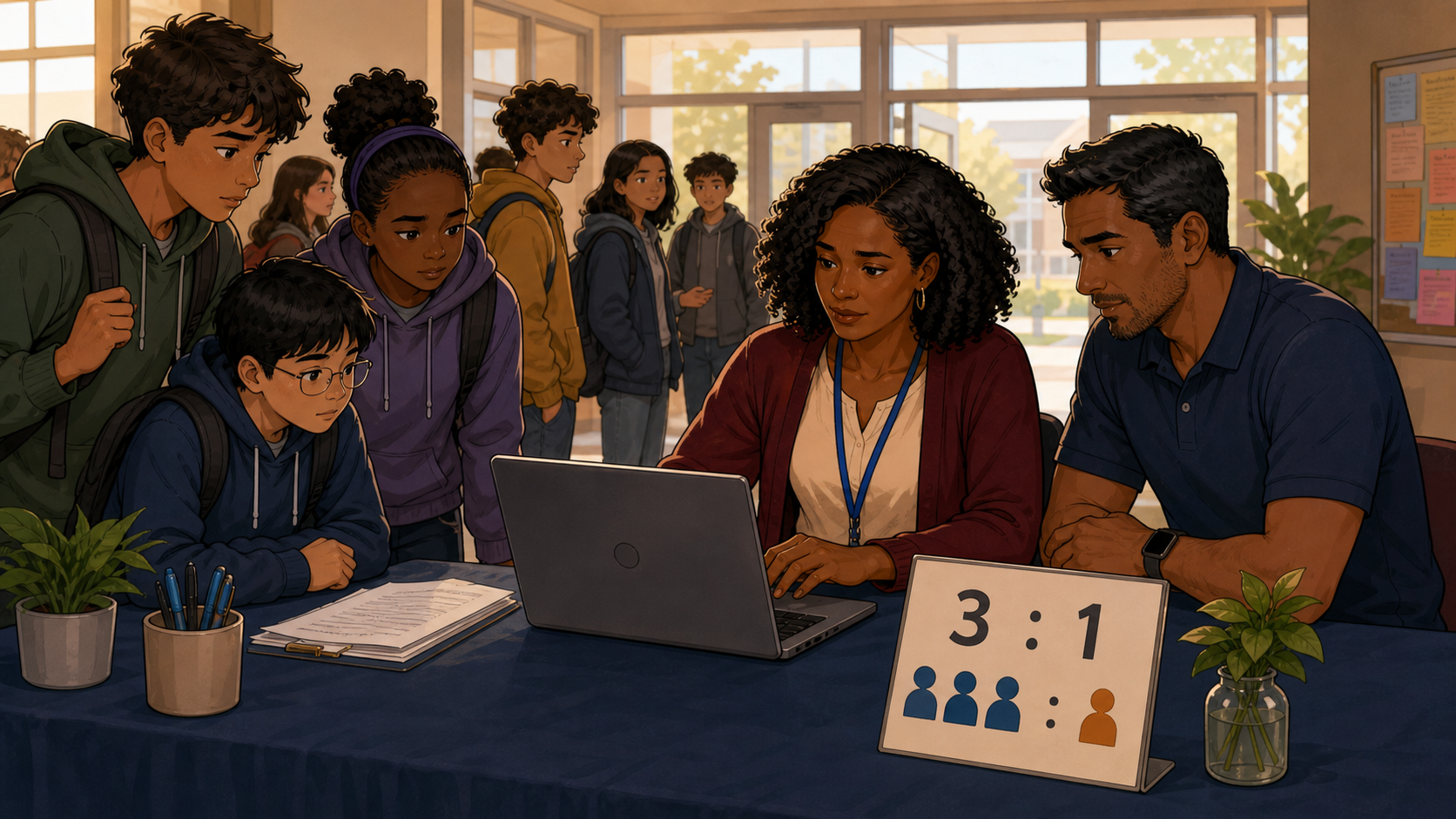 Renee and a mentor at a registration desk with new families lined up, a sign on the table showing a 3:1 ratio with icons of three students to one mentor