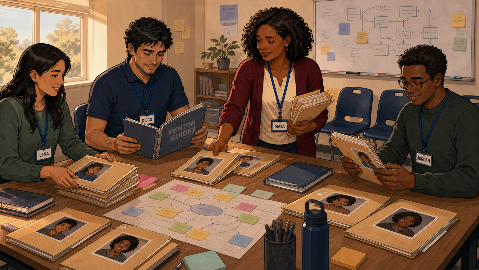 Four new mentors — Lena, Diego, Maya, and Jordan — sitting around a table with a Mentor Guide book and student profile folders, planning together