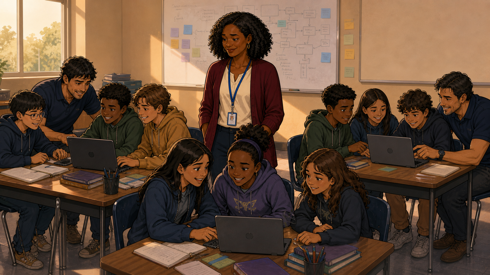 A calm, sunlit classroom with small groups of two to three students working happily with multiple mentors spread throughout the room, Renee standing relaxed in the center