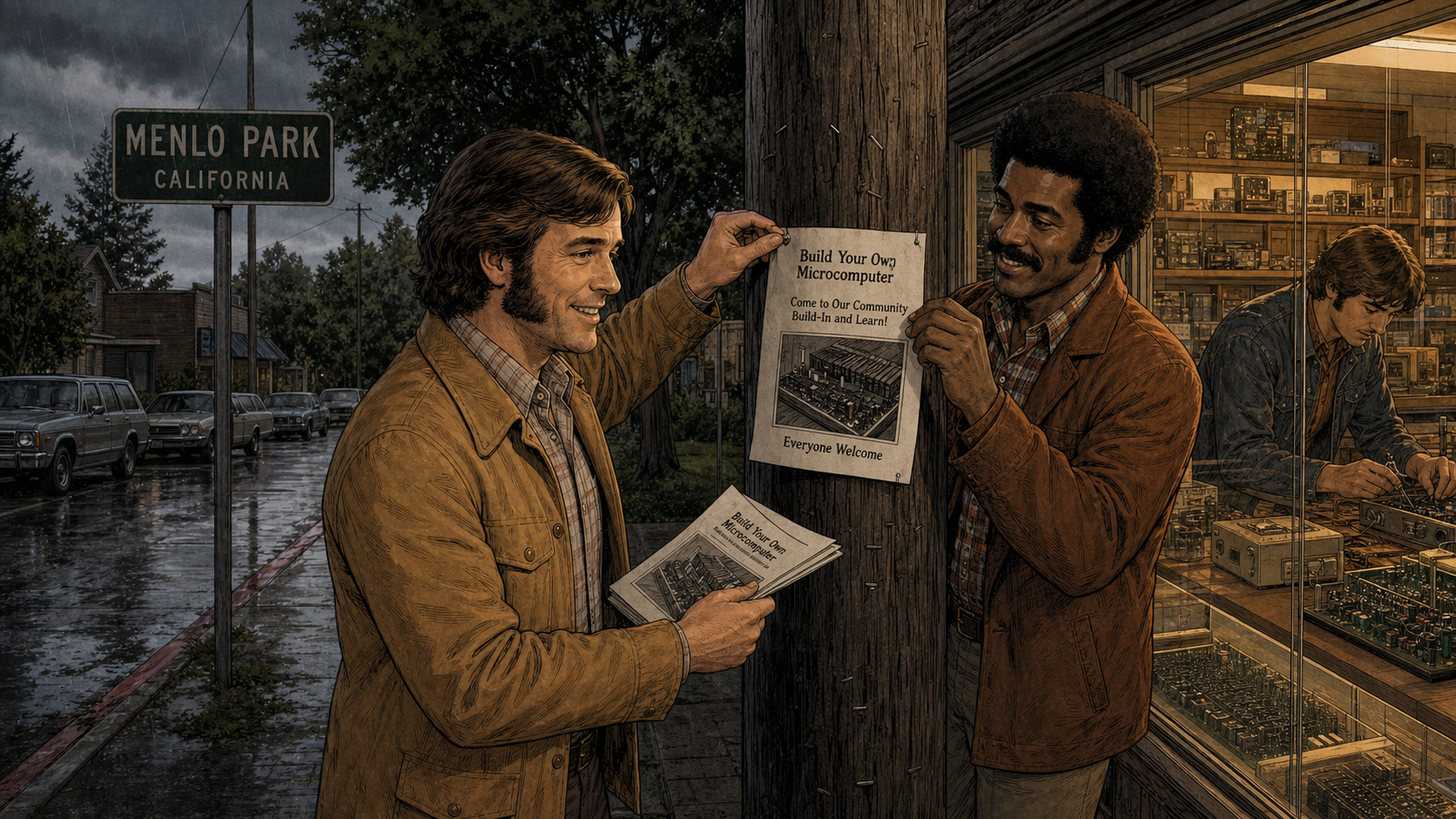Fred Moore and Gordon French post a hand-lettered flyer inviting hobbyists to a community computer build-in