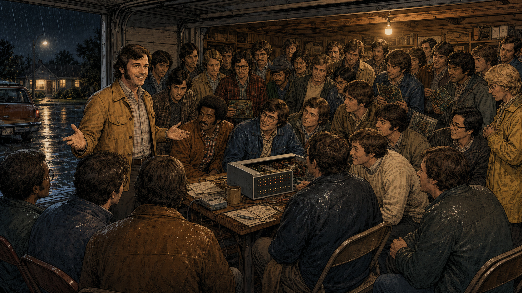 About thirty hobbyists crowd into Gordon French's garage around a newly arrived Altair 8800 on a rainy night