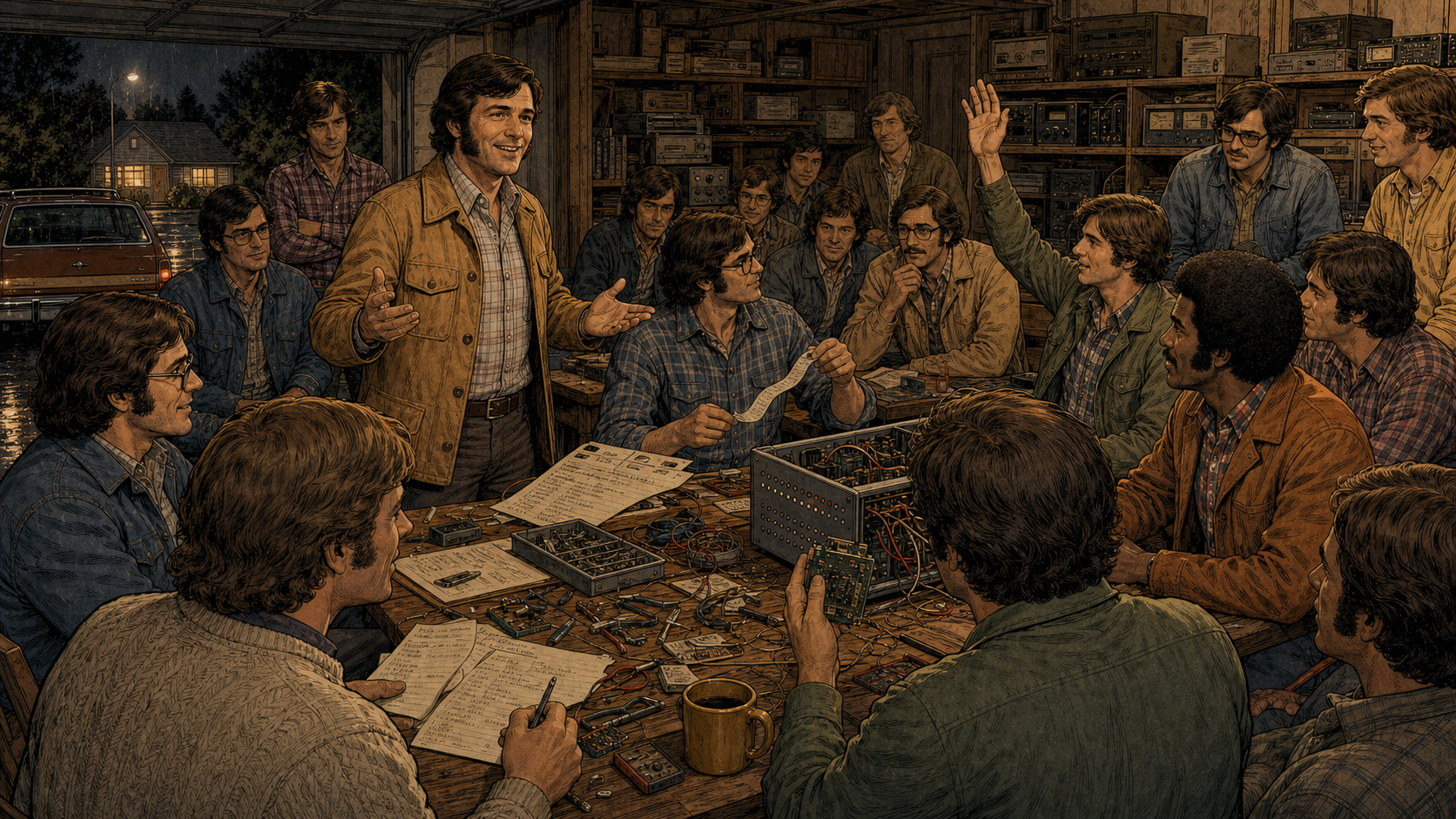 A club member raises his hand with a question while another holds up a strip of printout, surrounded by an attentive crowd