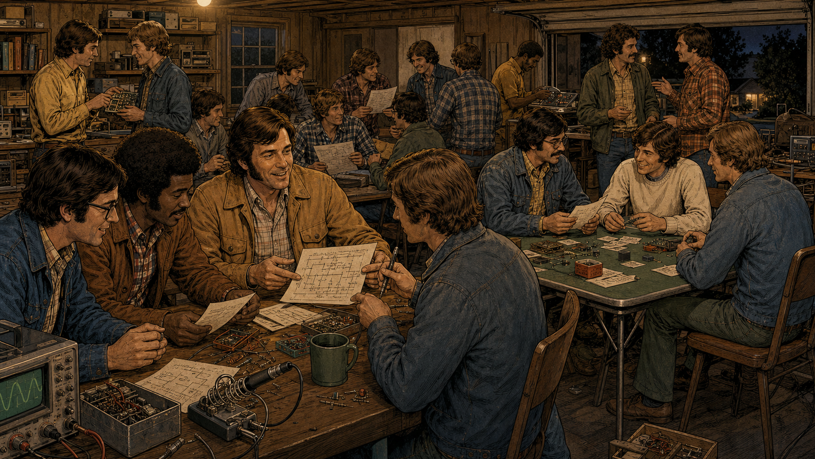 Club members break into smaller clusters around schematics, an oscilloscope, and a card table of parts