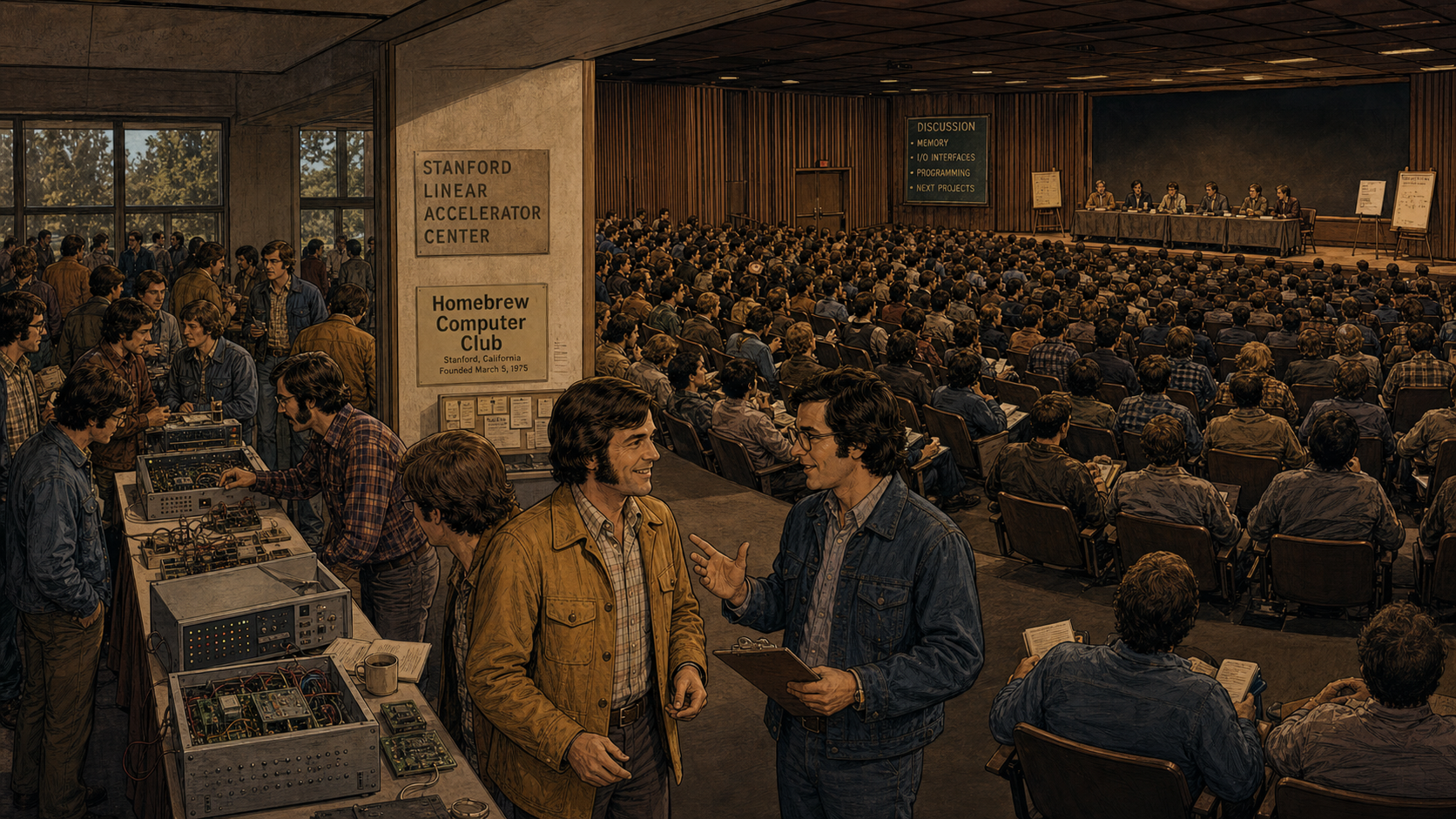 Hundreds of members fill the Stanford Linear Accelerator Center auditorium for a Homebrew Computer Club meeting