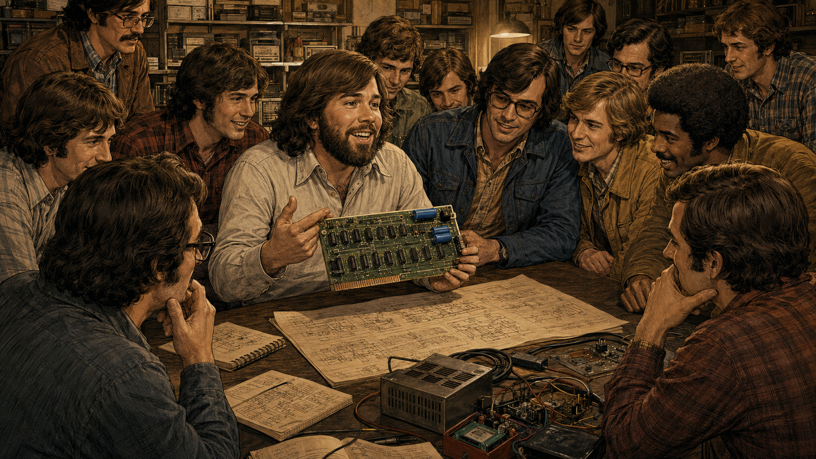 A young engineer holds up a hand-built circuit board to a rapt semicircle of fellow club members