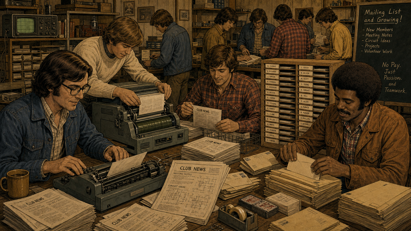 Club volunteers type, mimeograph, and mail out the Homebrew Computer Club newsletter