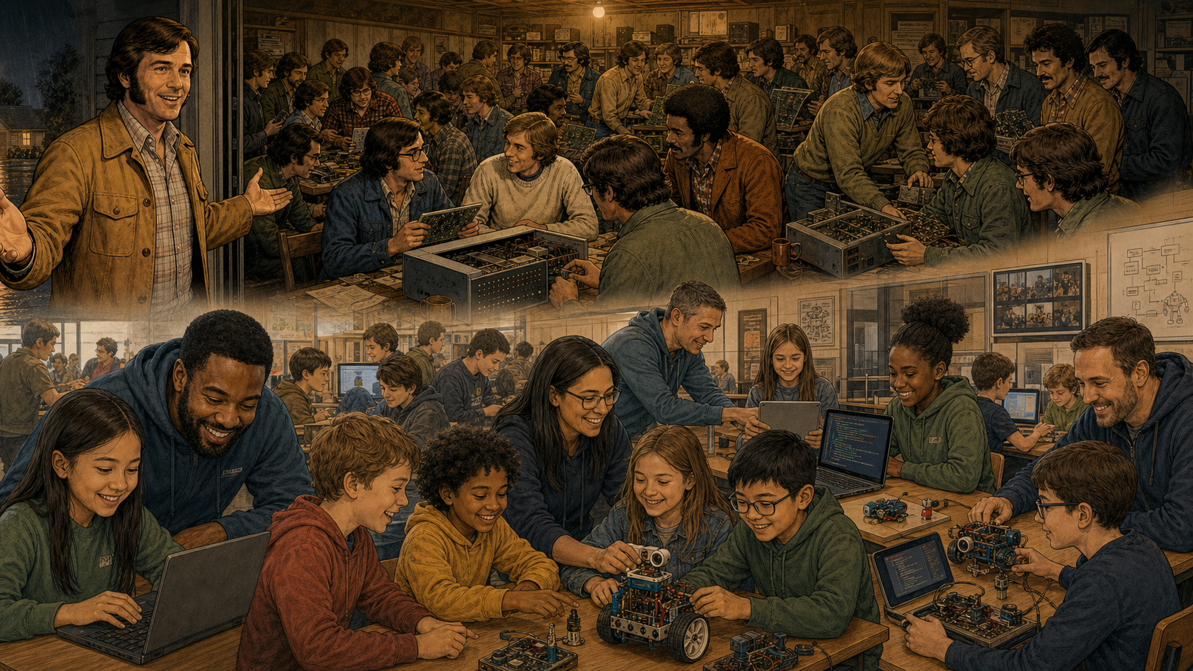 A split image: the historic Homebrew Computer Club above, a diverse modern-day youth coding club below
