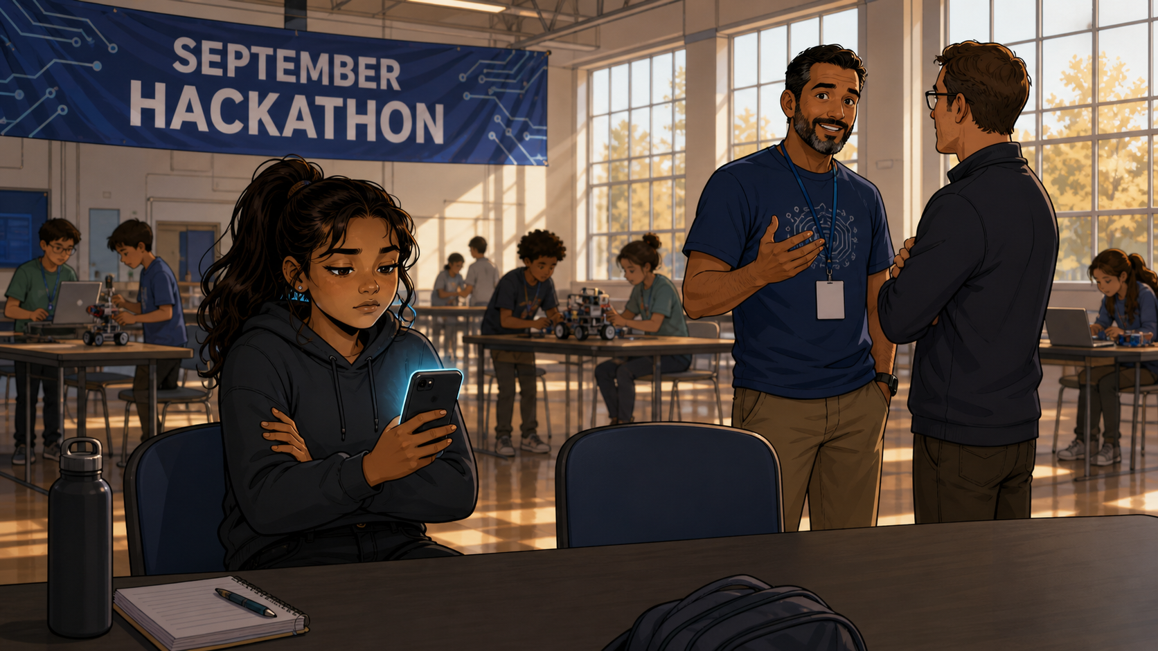 Laura sits apart from the activity at the September hackathon