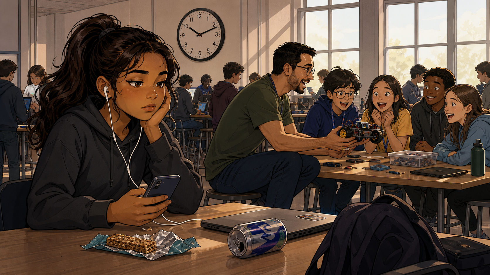 Laura remains on her phone while other students explore a robot
