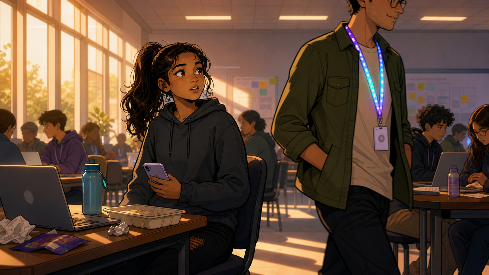 A glowing LED lanyard catches Laura's attention