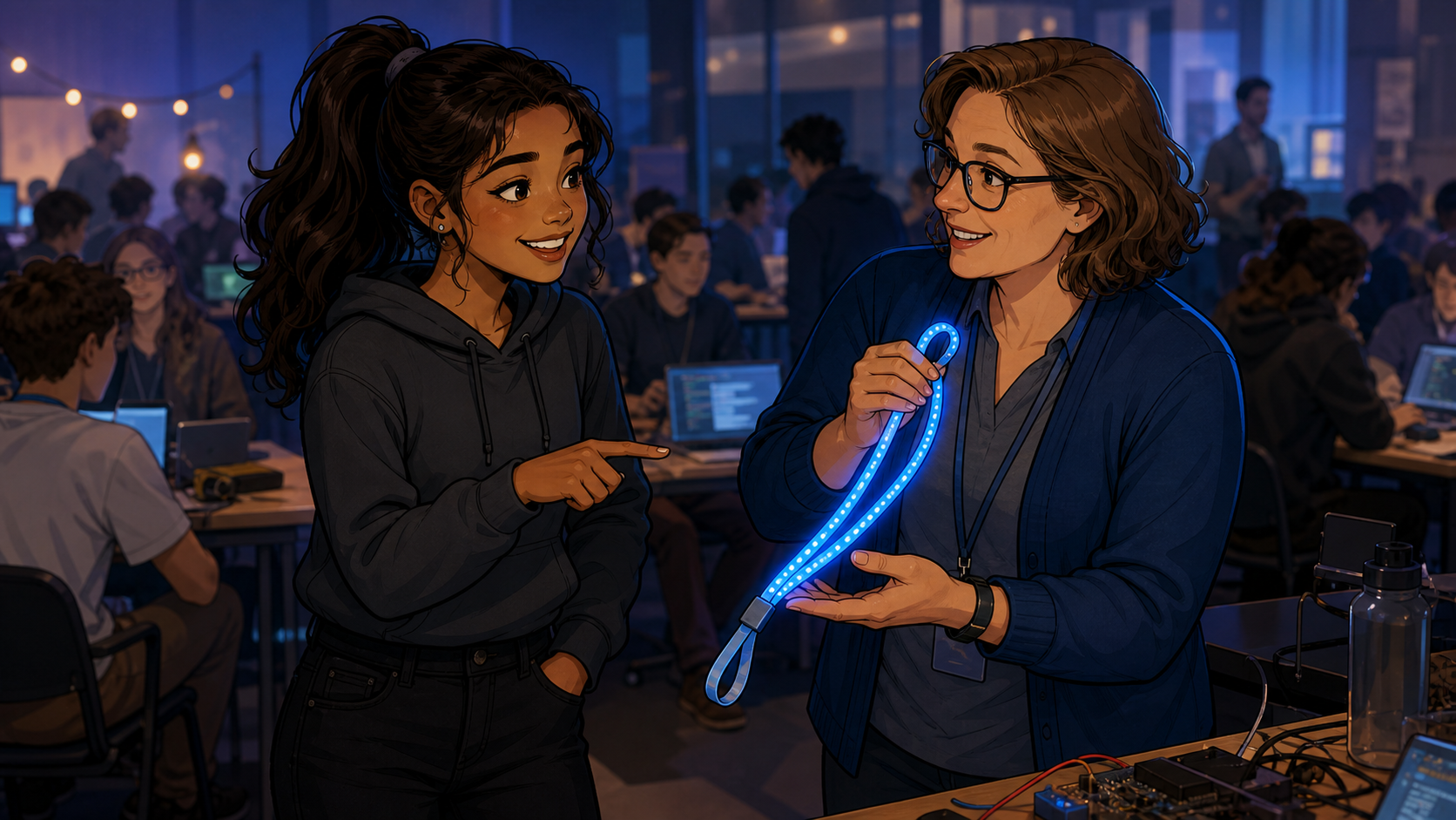 Laura asks a mentor how the glowing lanyard works