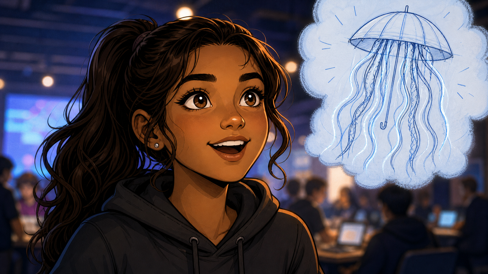 Laura imagines an umbrella jellyfish costume with glowing tentacles