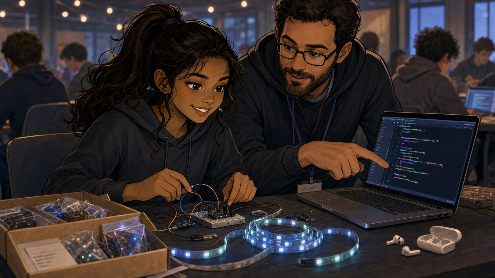 Laura builds and programs her first LED project with a mentor