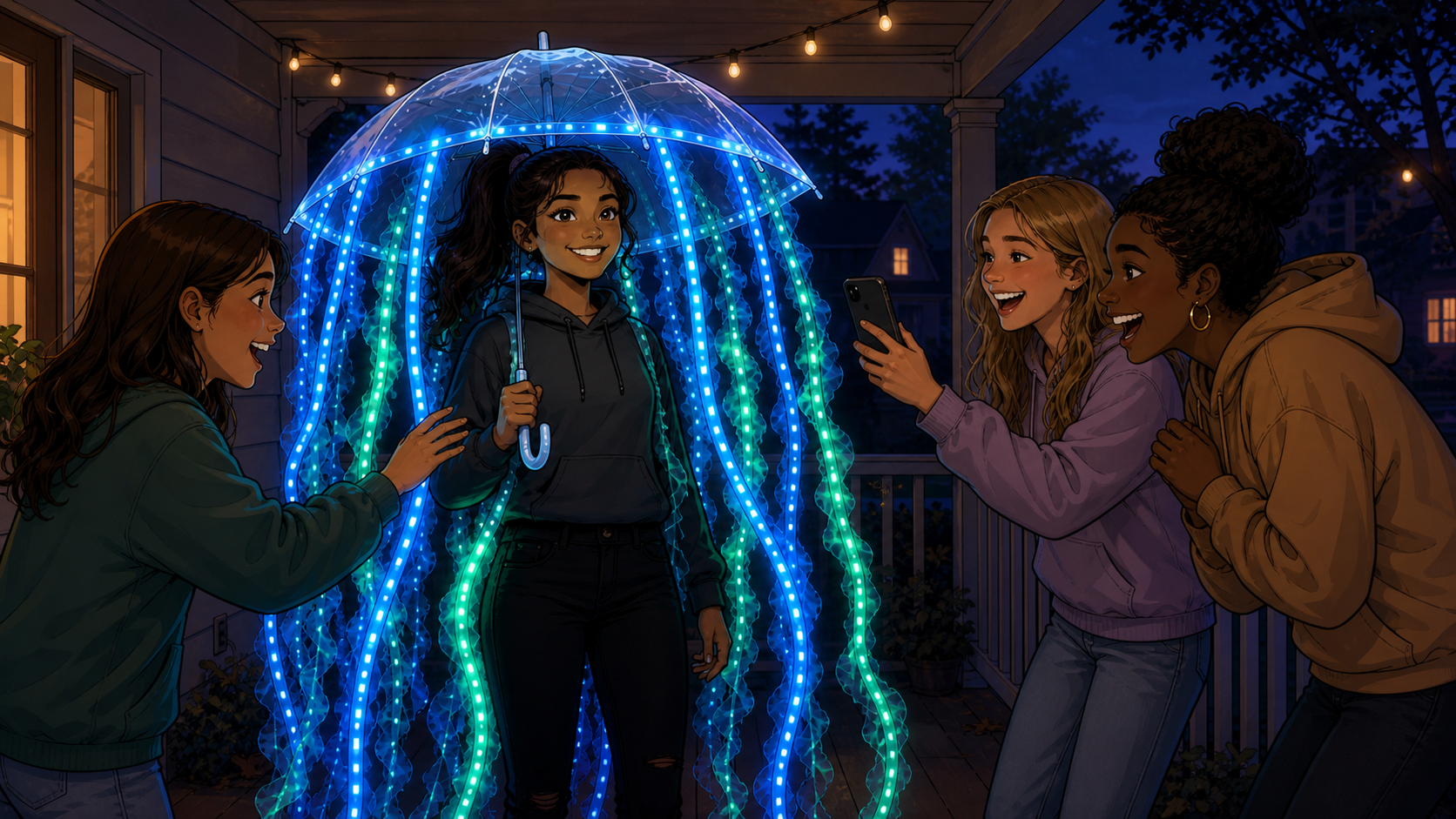 Laura's finished glowing costume inspires three friends