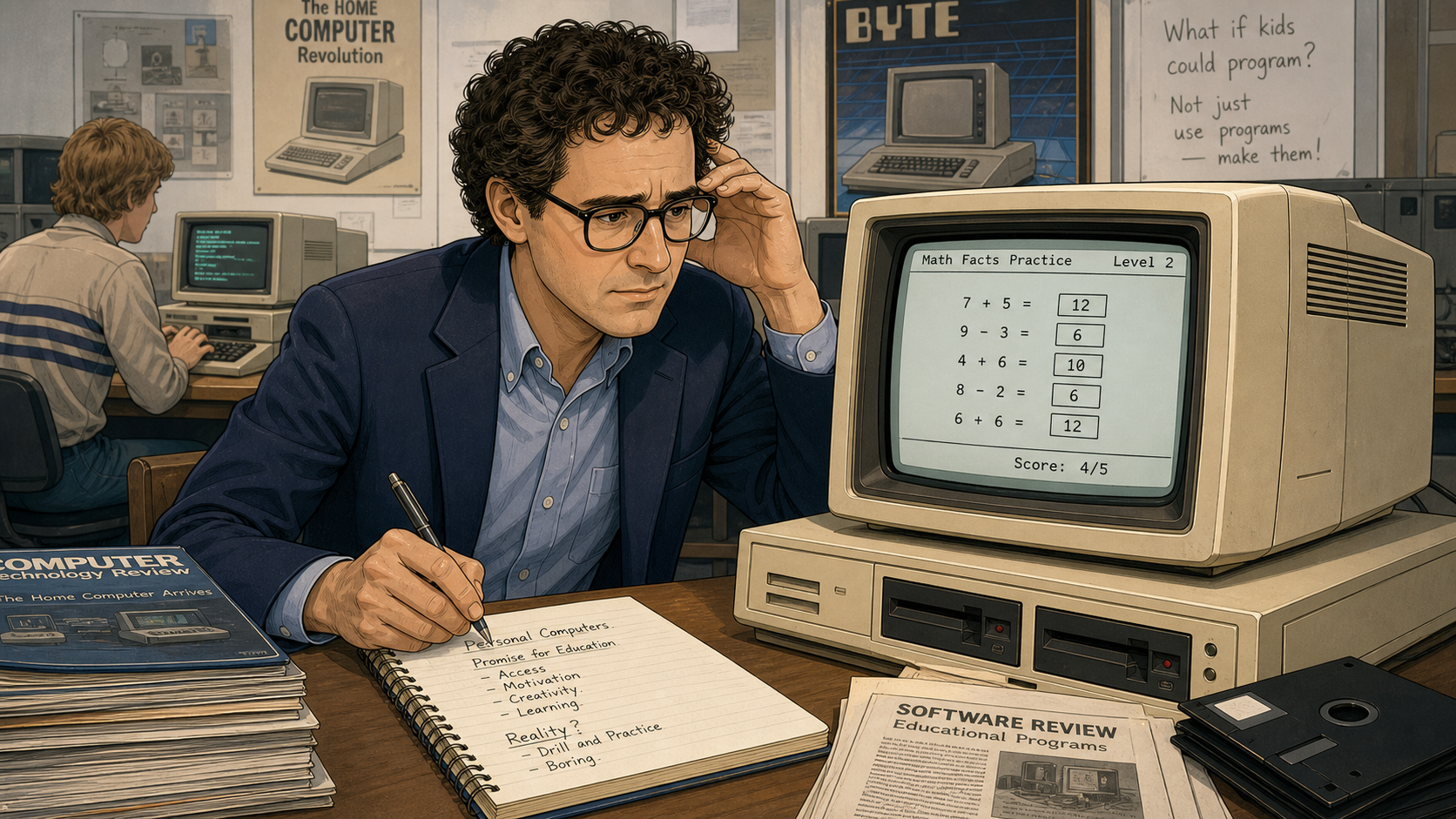 Young Resnick as a technology journalist, unimpressed by drill-and-practice educational software