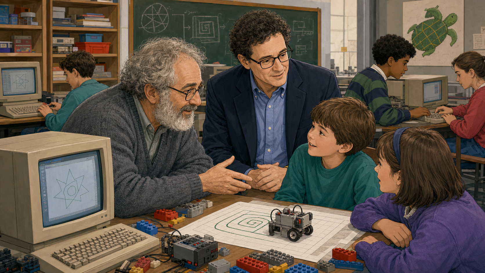 Resnick and Seymour Papert work with children on Logo turtle graphics and LEGO robotics