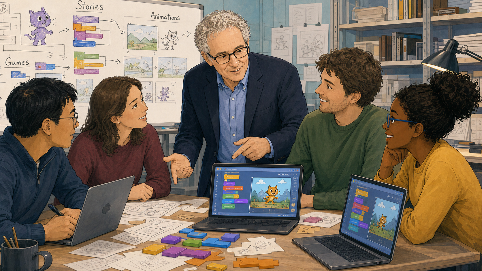 Resnick's design team sketches Scratch's story, animation, and game blocks on a whiteboard
