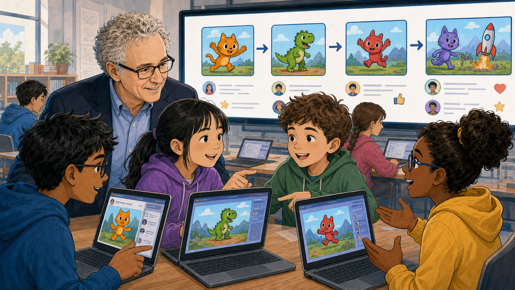 Children view a screen of shared Scratch projects with likes and comments from around the world