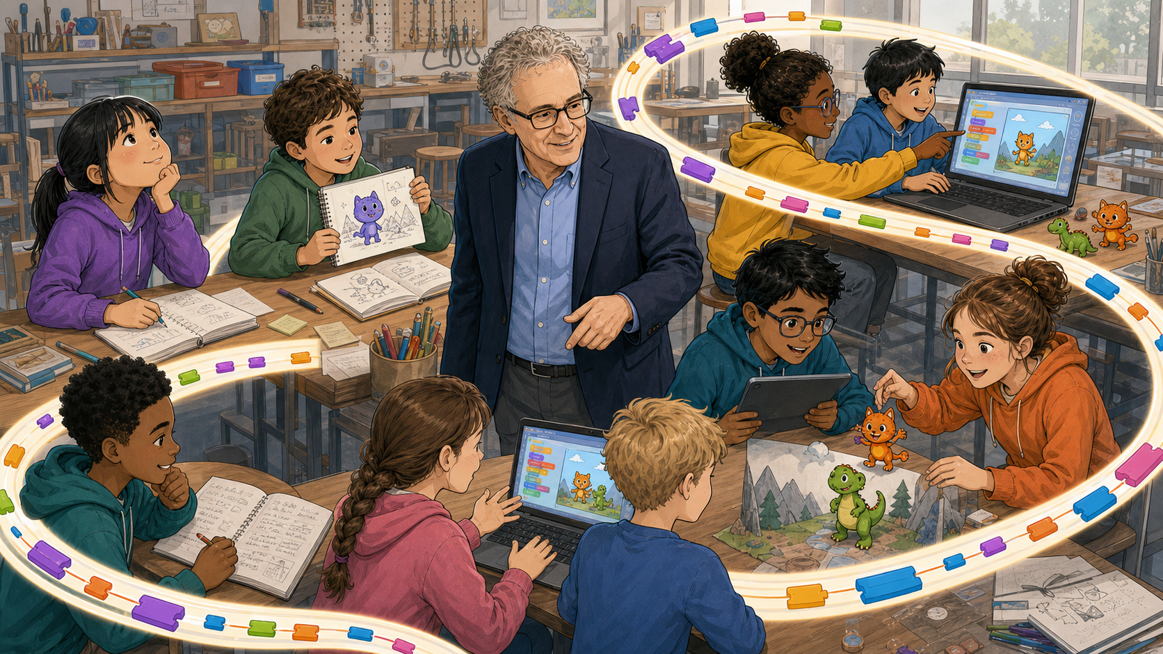 Children imagine, create, and share projects around a table while a glowing spiral connects the scene