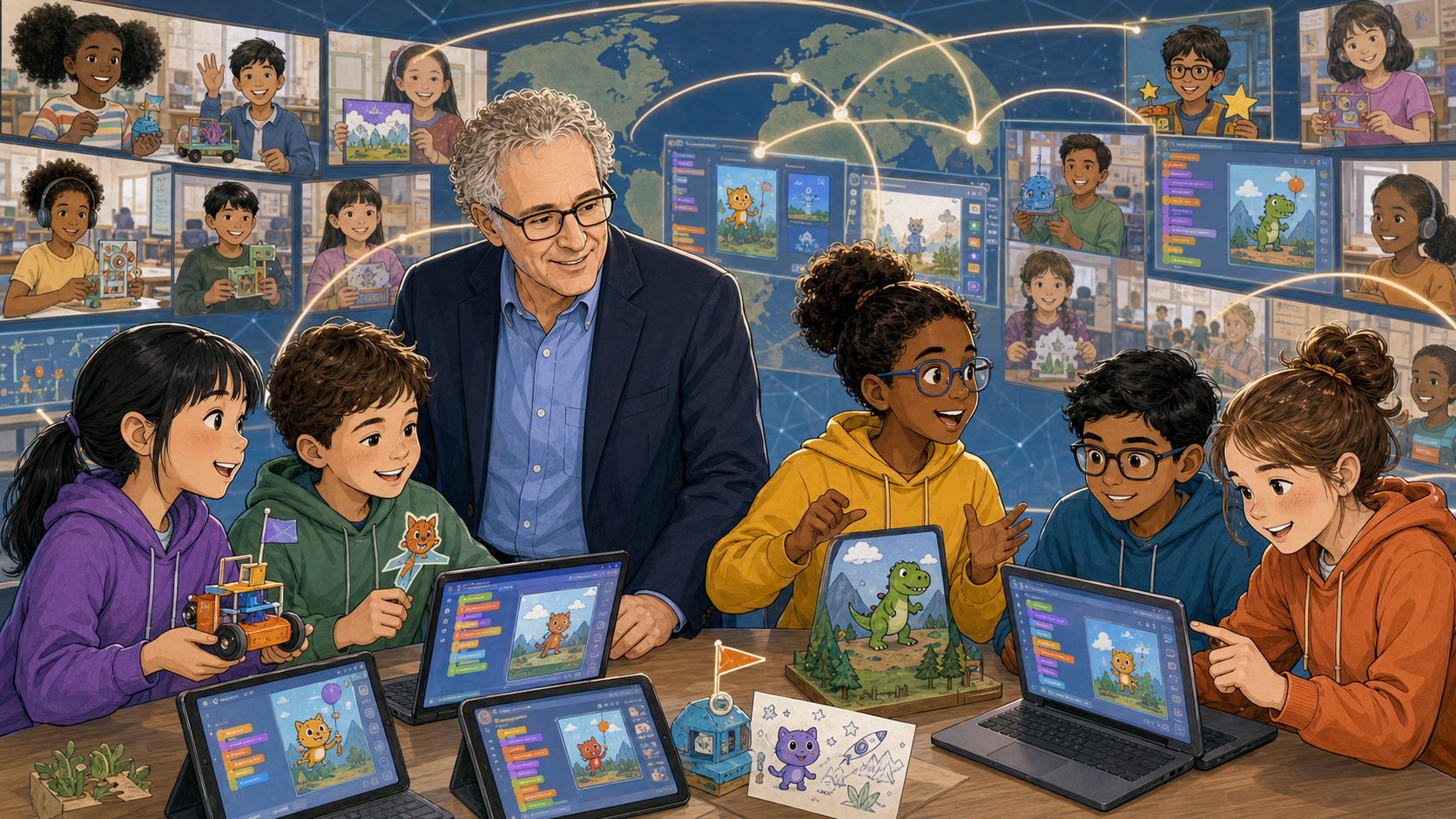 Screens show children around the world using Scratch, connected across a glowing world map