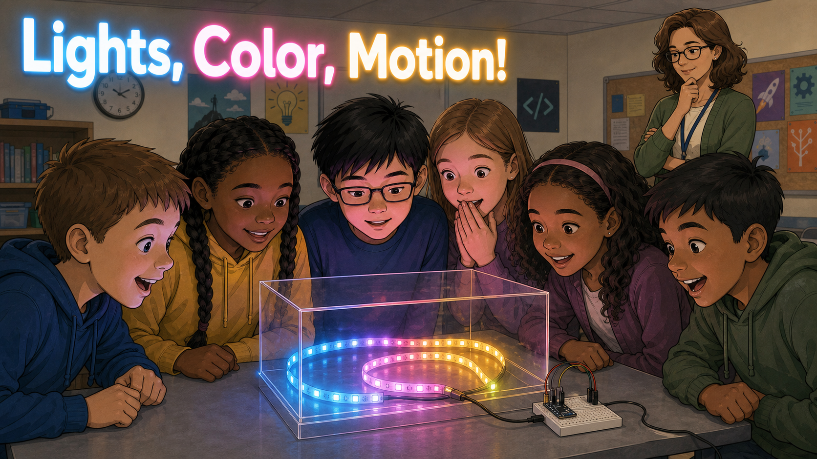 Students gather around a glowing rainbow LED display while Peg observes