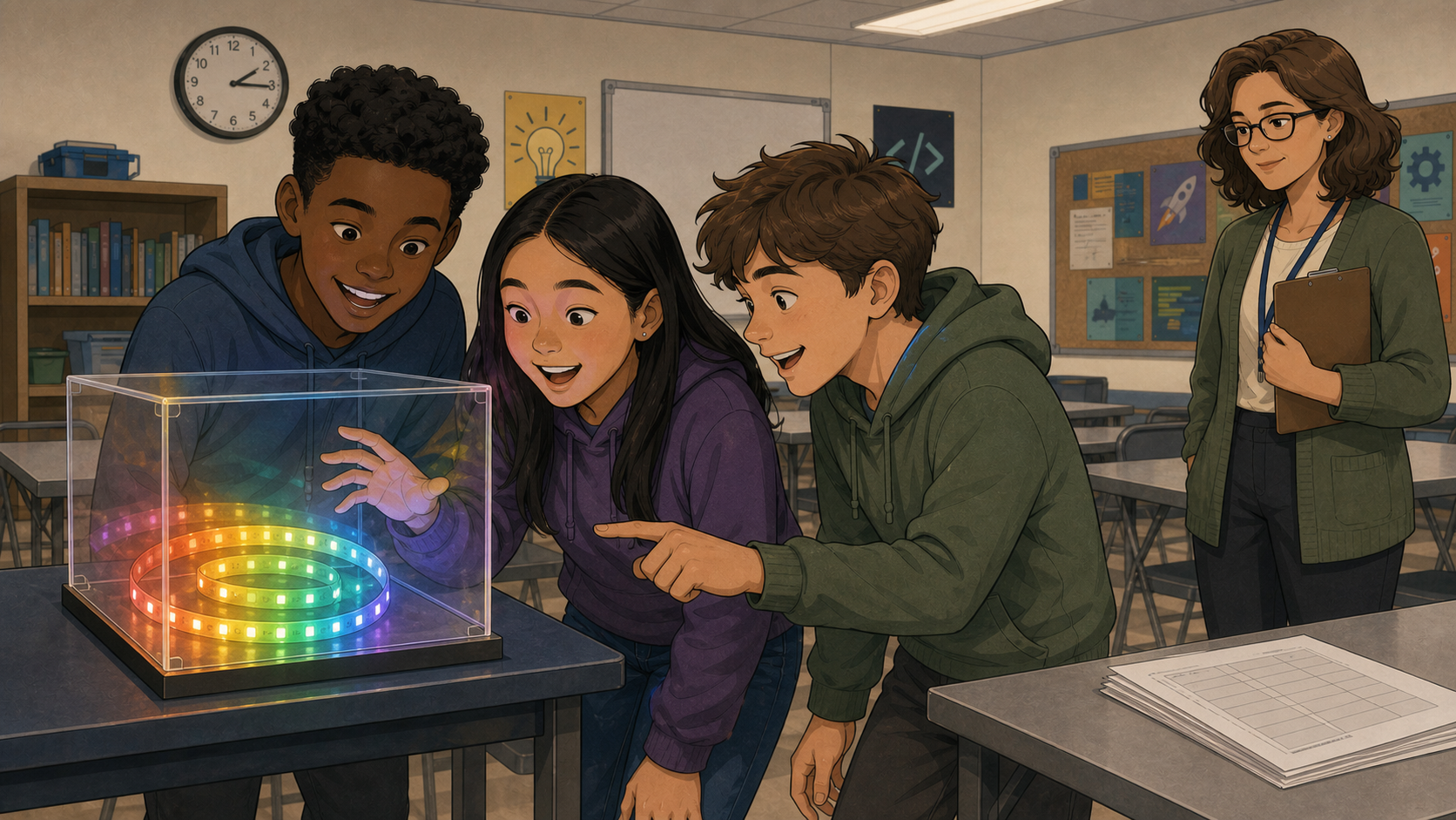 Students cross the classroom to investigate a rainbow LED display