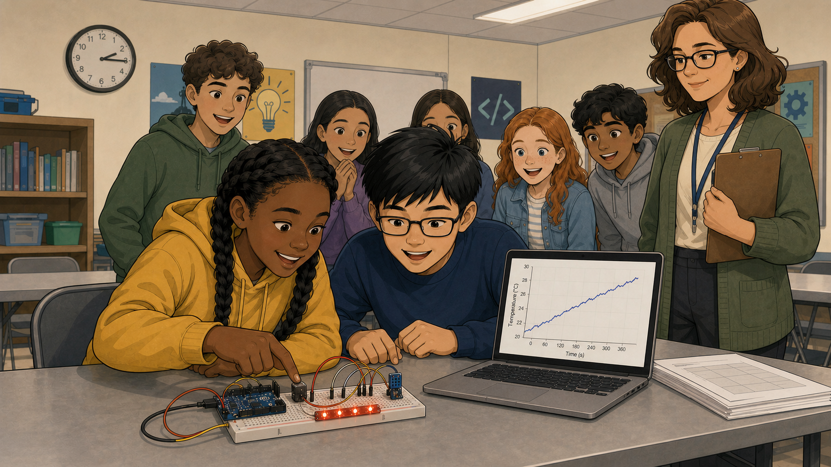 The redesigned temperature lab draws an excited crowd of students