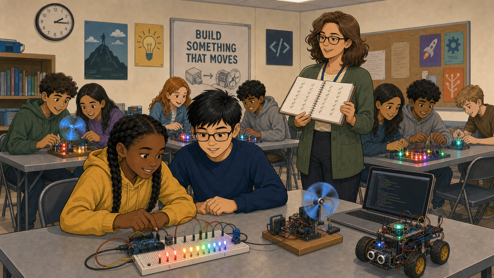 Peg surveys a transformed classroom filled with light, color, and moving projects